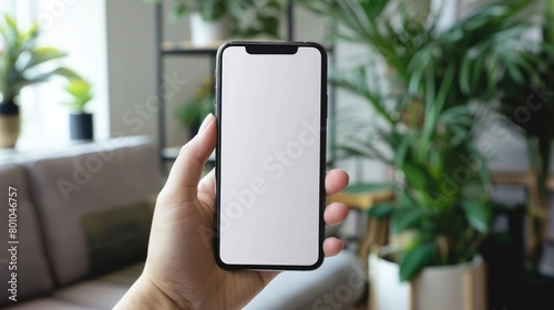 Mockup image of a person hand holding mobile phone with blank white screen © ffunn