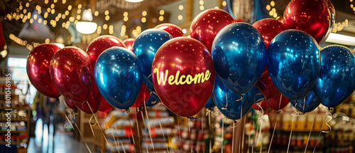 Warm welcome atmosphere with red and blue balloons and golden welcome sign in lively event setting.