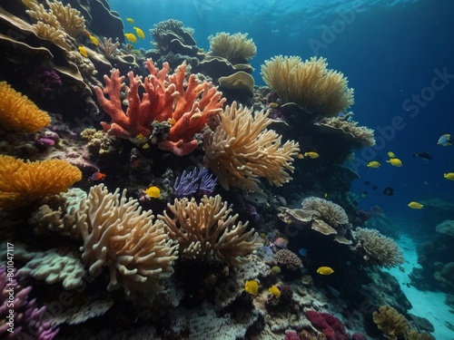 Photorealistic Underwater Coral Reef Background Image Photo Quality Ocean Sea Marine Life Dive Scuba Adventure Landscape. © Bendix