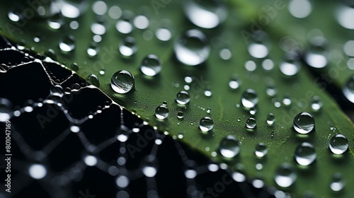 Water droplets glistening on a vibrant green leaf 
