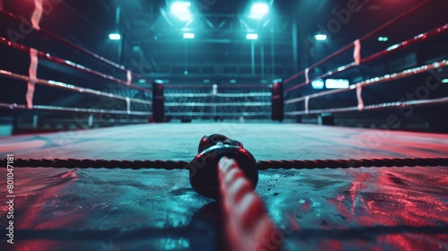 An empty boxing ring with a single boxing glove lying in the foreground. The ring is lit by spotlights and there is a rope in the foreground. photo