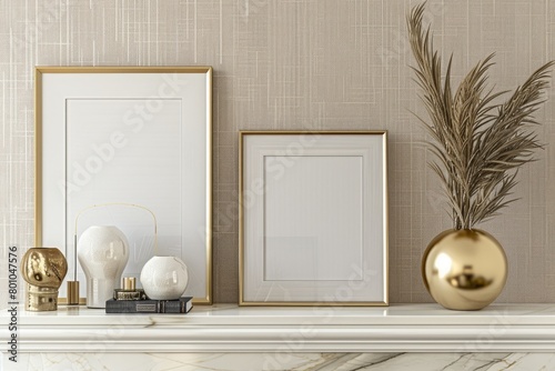 Two blank frames are displayed on a marble mantel in an Art Deco-inspired dining room photo