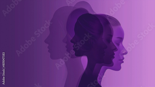 International women's day poster with silhouettes of multicultural women's faces in purple style