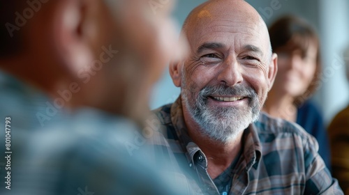 Middle-aged bald man smiling while actively engaging in a group therapy session with other male participants