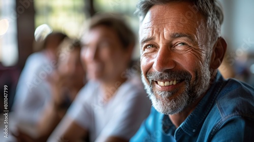 Close up of a middle-aged man smiling during a male group therapy session photo