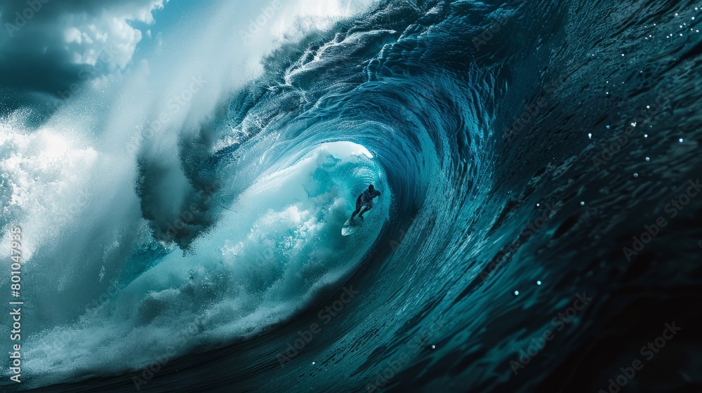 A man stands atop a massive ocean wave as it crests, showcasing the power and size of the water surrounding him