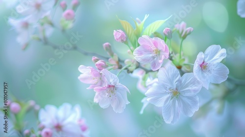 Soft pastel cherry blossoms clustered on a branch, gently swaying in the breeze