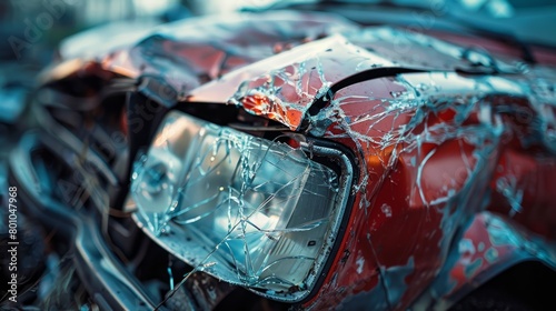 Close up view of a red car with extensive damage to the front end, showing twisted metal and shattered glass