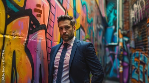 A businessman in a suit and tie standing confidently in front of a vibrant, graffiti-filled wall in an urban setting