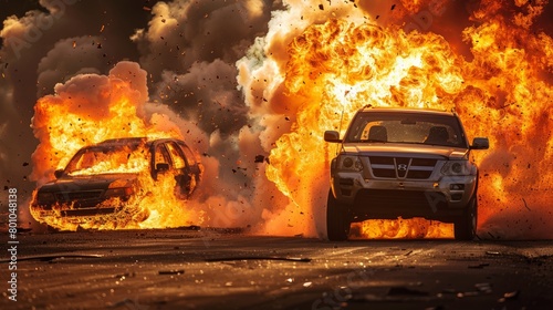 A SUV and another vehicle are on fire after a high-speed collision  creating a dramatic scene of destruction and danger
