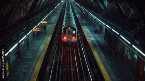 A train speeds through a train station at night, illuminated by artificial lights, creating a dynamic and fast-paced scene