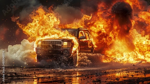 A dramatic scene of a truck on fire in the middle of a road after a collision  with flames raging high