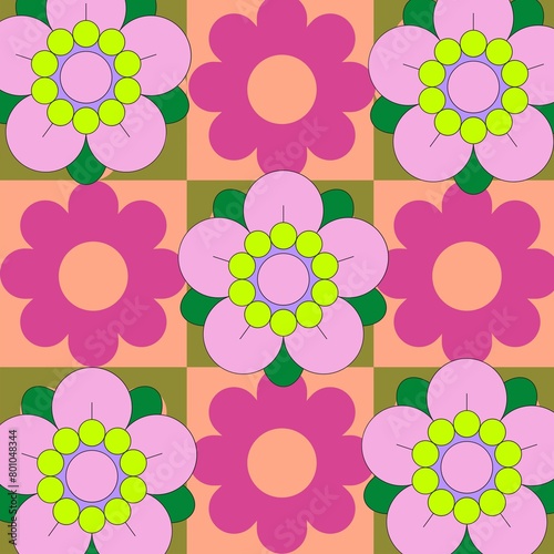 The chessboard background is brightly colored and adorned with a variety of multicolored flowers