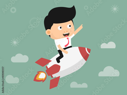 A businessman is riding a rocket. The rocket is taking off. The businessman is smiling and waving.