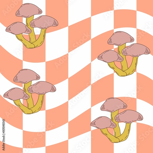 The chessboard background is filled with numerous pink mushrooms