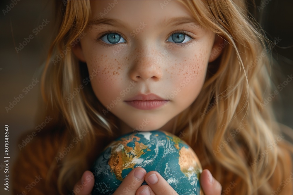 A young girl with striking blue eyes holds a toy globe in a symbolic environmental portrait A young girl with striking blue eyes holds a toy globe in a symbolic environmental portrait