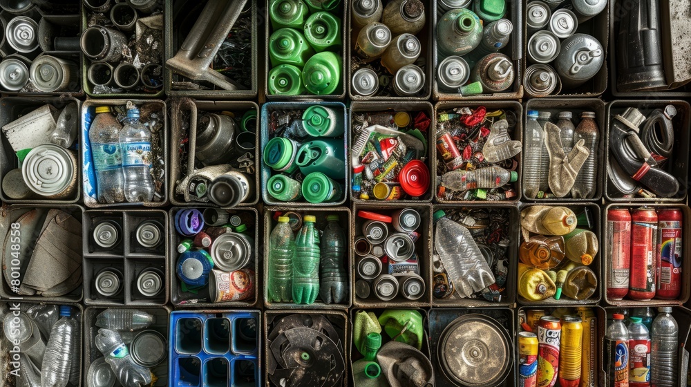 Various aluminum cans neatly arranged in rows for recycling purposes