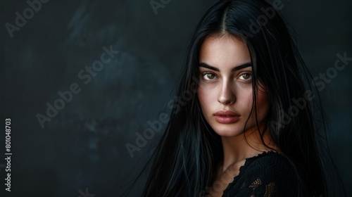 A stylish woman with long black hair posing for a portrait against a dark background