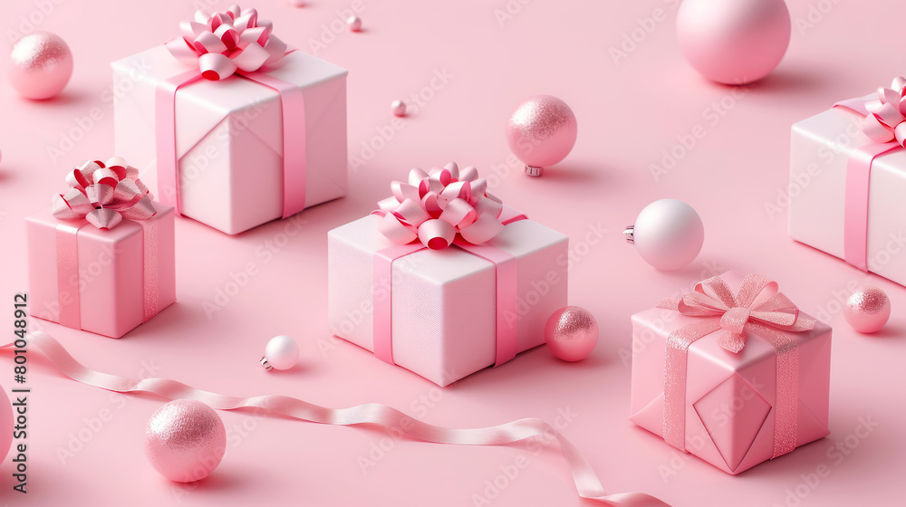 Collection of Pink Gift Boxes with White Ribbons, Ideal for Christmas, Valentine's Day and Feminine Birthday Themes.
