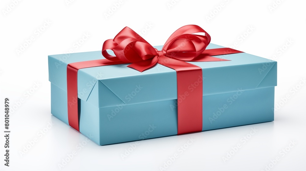 Obraz premium Elegant blue gift box with a glossy red ribbon and bow isolated on a white background