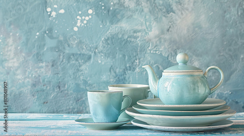 Plates with cups and teapot for baby on grunge blue background