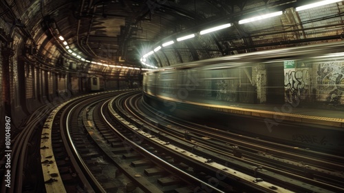 A train speeds through a graffiti-covered tunnel, showcasing urban art in motion