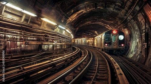 Subway train speeding through dimly lit tunnel adjacent to railway tracks