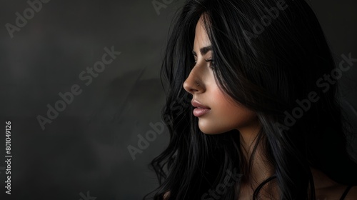A profile photo of a stylish model with beautiful long black hair against a black background