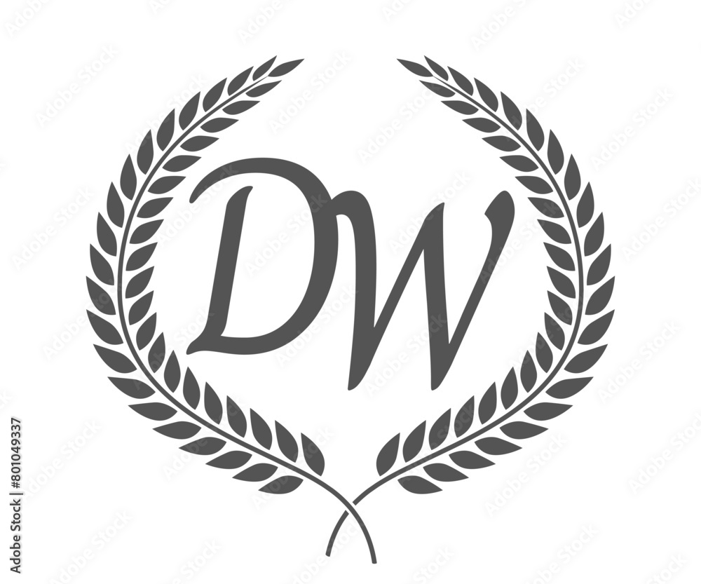 Initial letter D and W, DW monogram logo design with laurel wreath. Luxury calligraphy font.