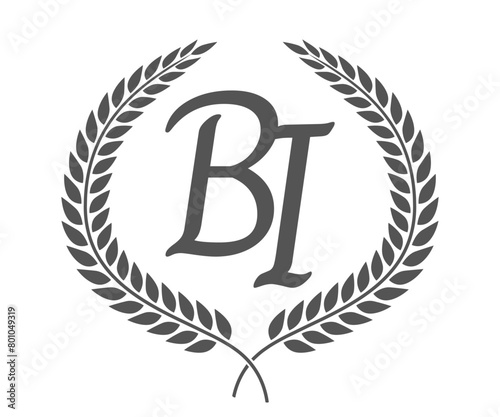 Initial letter B and I, BI monogram logo design with laurel wreath. Luxury calligraphy font.