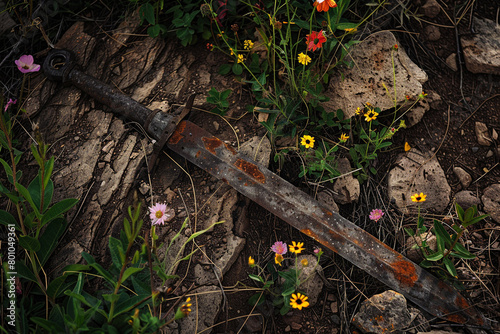 Rustic sword half-buried in the ground, surrounded by wildflowers in bloom. photo