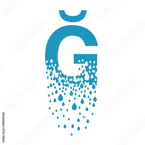 Azerbaijani or Turkish letter dissolves into droplets. Drops of liquid fall out as precipitation. Destruction effect. Dispersion