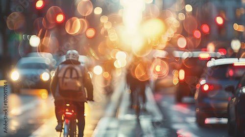 Morning traffic on a busy city street captured in bokeh with cyclists and cars highlighting urban movement 