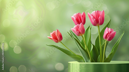 Podiums with pink tulips on green background.  #801049786