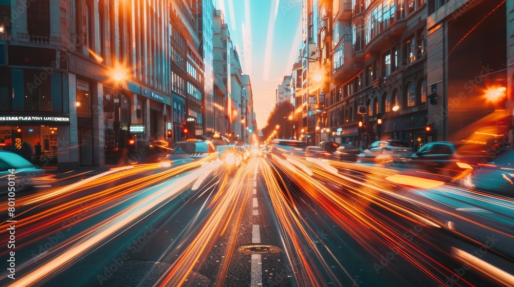 A bustling city scene with streaks of traffic lights at sunset showcasing the fast pace of urban life
