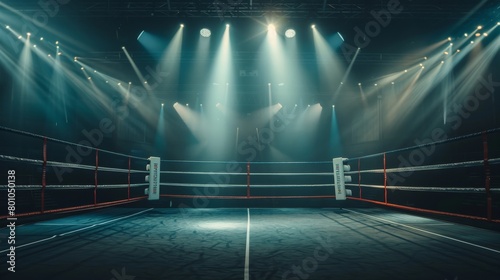 An empty boxing ring with bright spotlights shining down on it. © Sittipol 