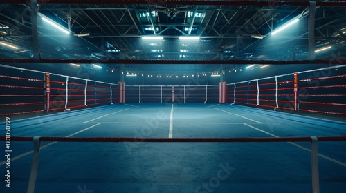 An empty boxing ring with blue floor and red ropes under bright lights photo