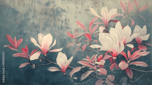 Retro white and pink flowers and leaves illustration poster background