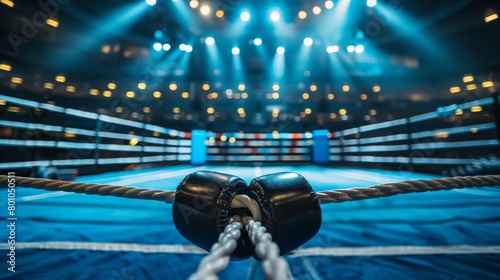 A pair of boxing gloves in the center of a boxing ring with bright lights in the background.
