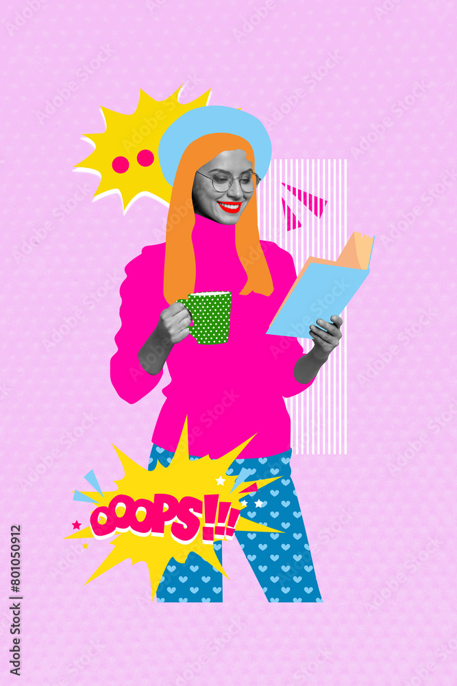Vertical collage picture young cheerful woman reader coffee mug oops painted colorful outfit bookworm store literature shop Vertical collage picture young cheerful woman reader coffee mug oops painted colorful outfit bookworm store literature shop