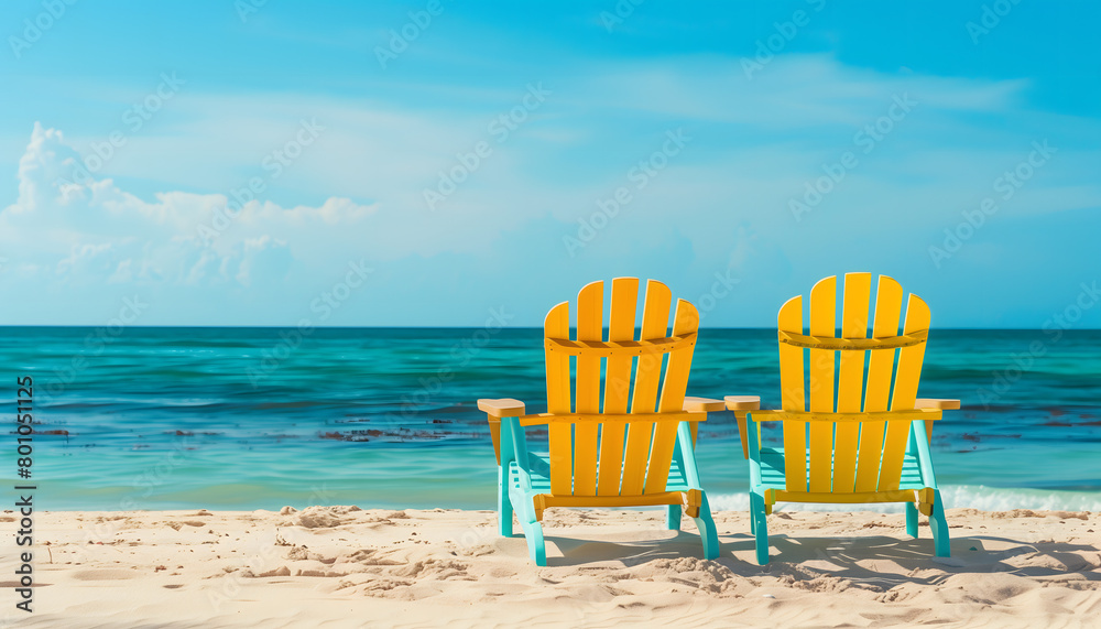 Two vibrant beach chairs sit side by side on the sandy shore, their bold colors adding a cheerful touch to the serene coastline Two vibrant beach chairs sit side by side on the sandy shore, their bold colors adding a cheerful touch to the serene coastline