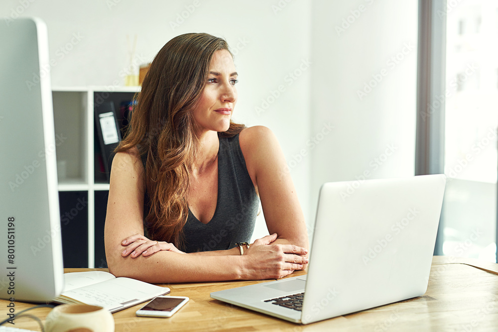 Woman, office and laptop with thinking for ideas for company with thoughts, vision and growth for company. Female person, entrepreneur and desk with computer as hr manger in corporate business