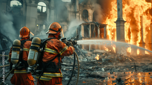 Firefighters wearing a fire suit for safety under the danger case are pumping water to extinguish a raging fire.The background is the ruins of a light fair building.