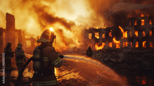 Firefighters wearing a fire suit for safety under the danger case are pumping water to extinguish a raging fire.The background is the ruins of a light fair building.