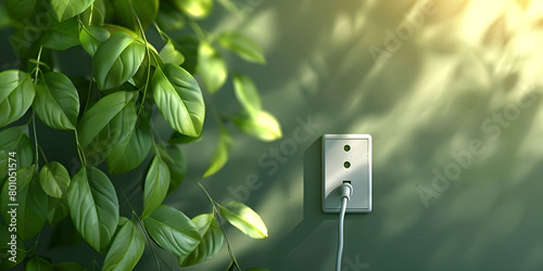 Power cord in wall socket or outlet with fresh leaves Ecological friendly concept,3D Render of Power Socket With Leaves Against Grey Backgroud,Green outlet or wall socket and power cord Green leaves
