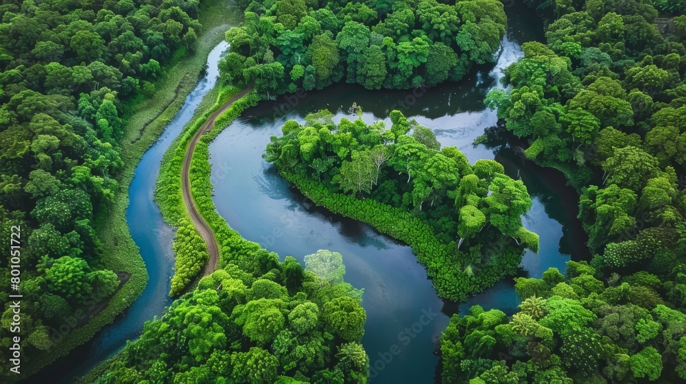 Serene Aerial View of River Meandering Through Lush Green Forest