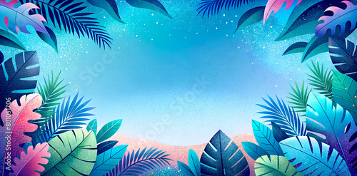 Frame with tropical leaves, blue summer horizontal banner in grainy and noise style, empty space for inscription. Generated AI.