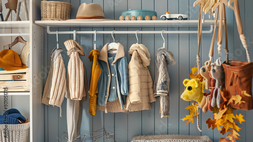 Rack with stylish autumn clothes in modern childs ward photo