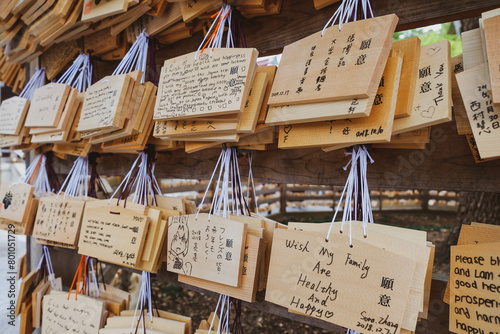 Small wooden plaques (ema) with the worshippers prayers or wishes on display at the Kiyomizu-dera Temple. Kyoto. Japan