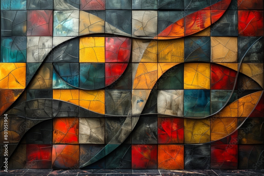 Fototapeta premium This image captures a bold and vibrant abstract wall art with wavy lines and a play of colors